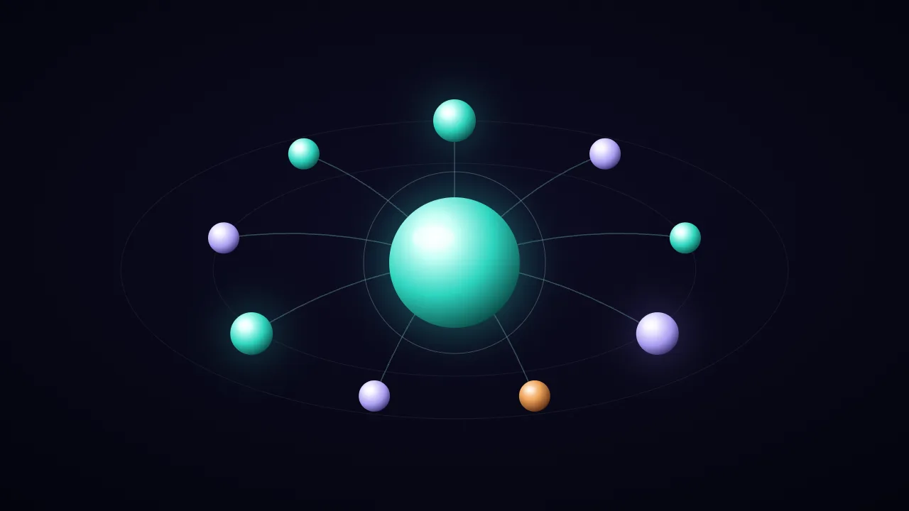 A glowing central hub connected to a ring of smaller nodes by fine lines
