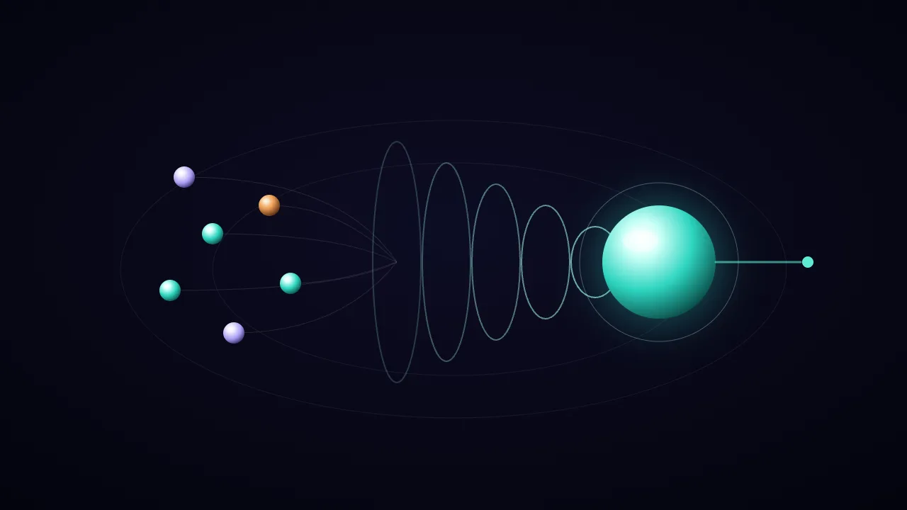 Glowing leads flowing through a funnel of rings into a single bright sphere
