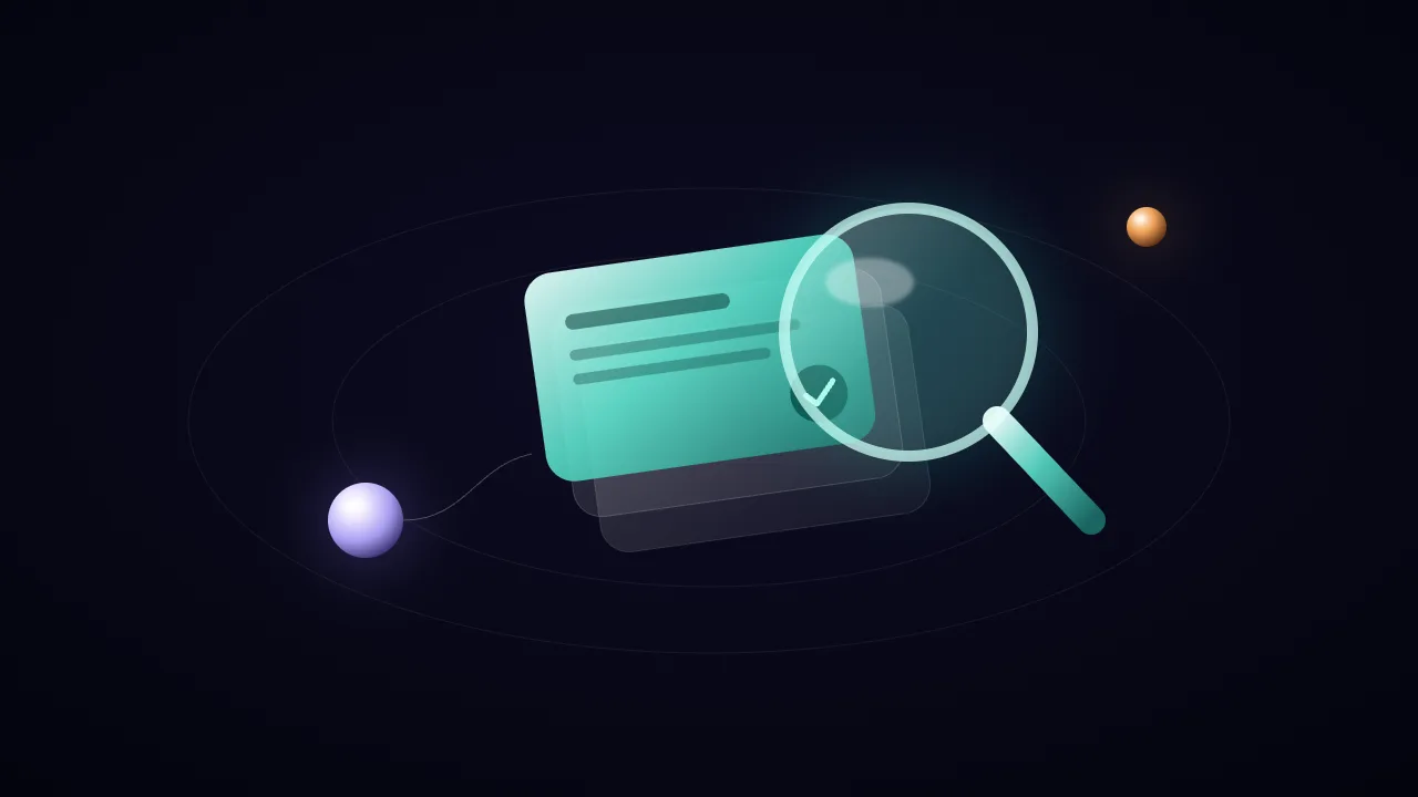 A glowing lens examining a stack of glossy cards, one marked with a check